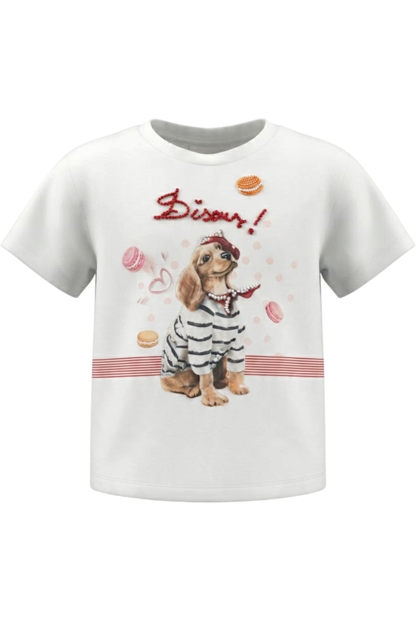White hand-embellished t-shirt with doggy - product view