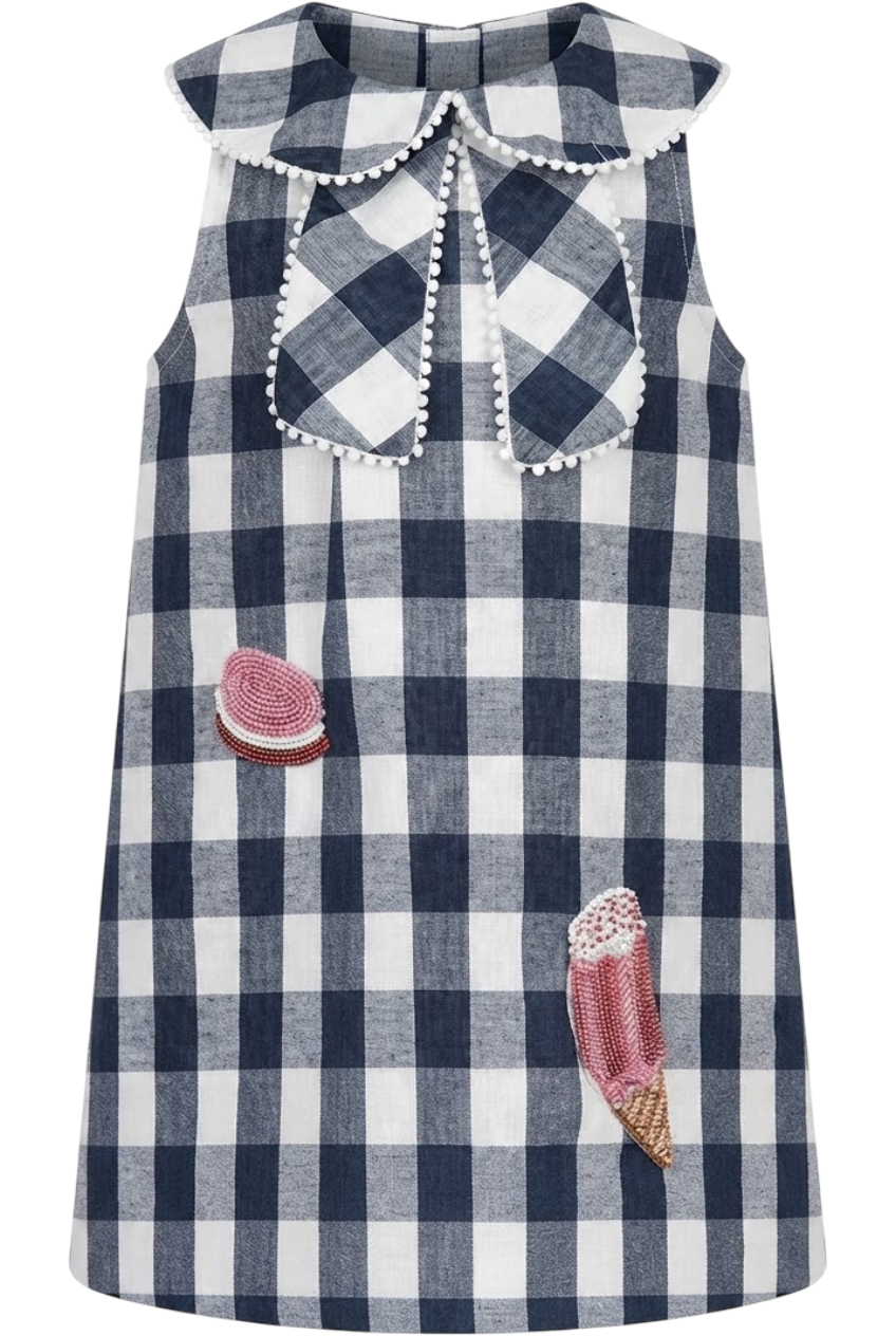 Dark blue and white check cotton dress with hand-made embellished macaroon and ice-cream - product view