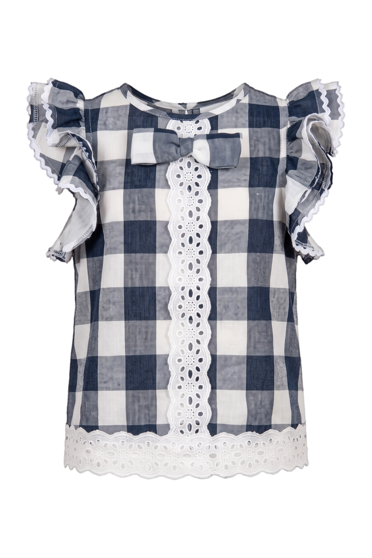 Dark blue and white check cotton top with white lace insterts - product view