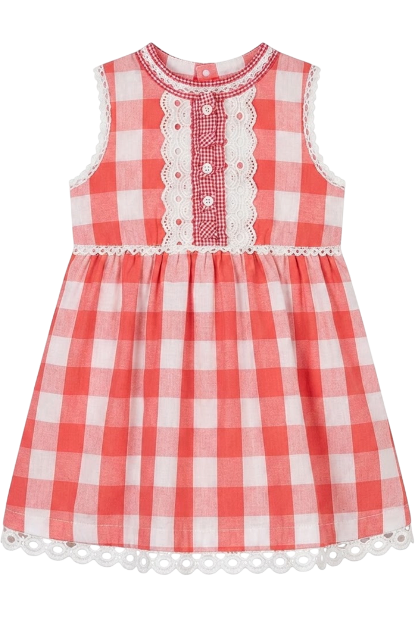 Red and white check cotton dress with white lace and matching buttons - product view