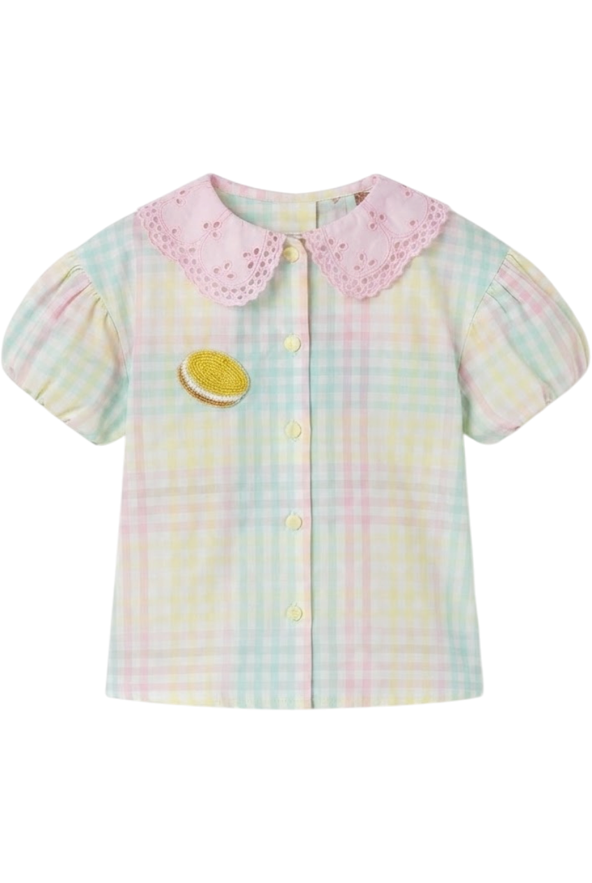 Mint, yellow, pink and white check cotton shirt with pink collar and hand-embellished macaroon - product view