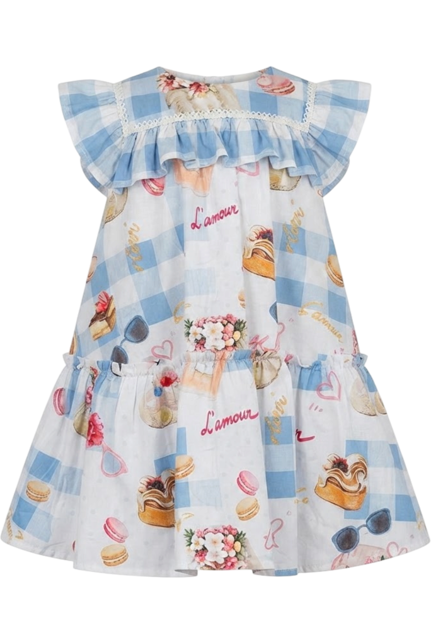 French symbols blue and white check cotton dress with frills - product view
