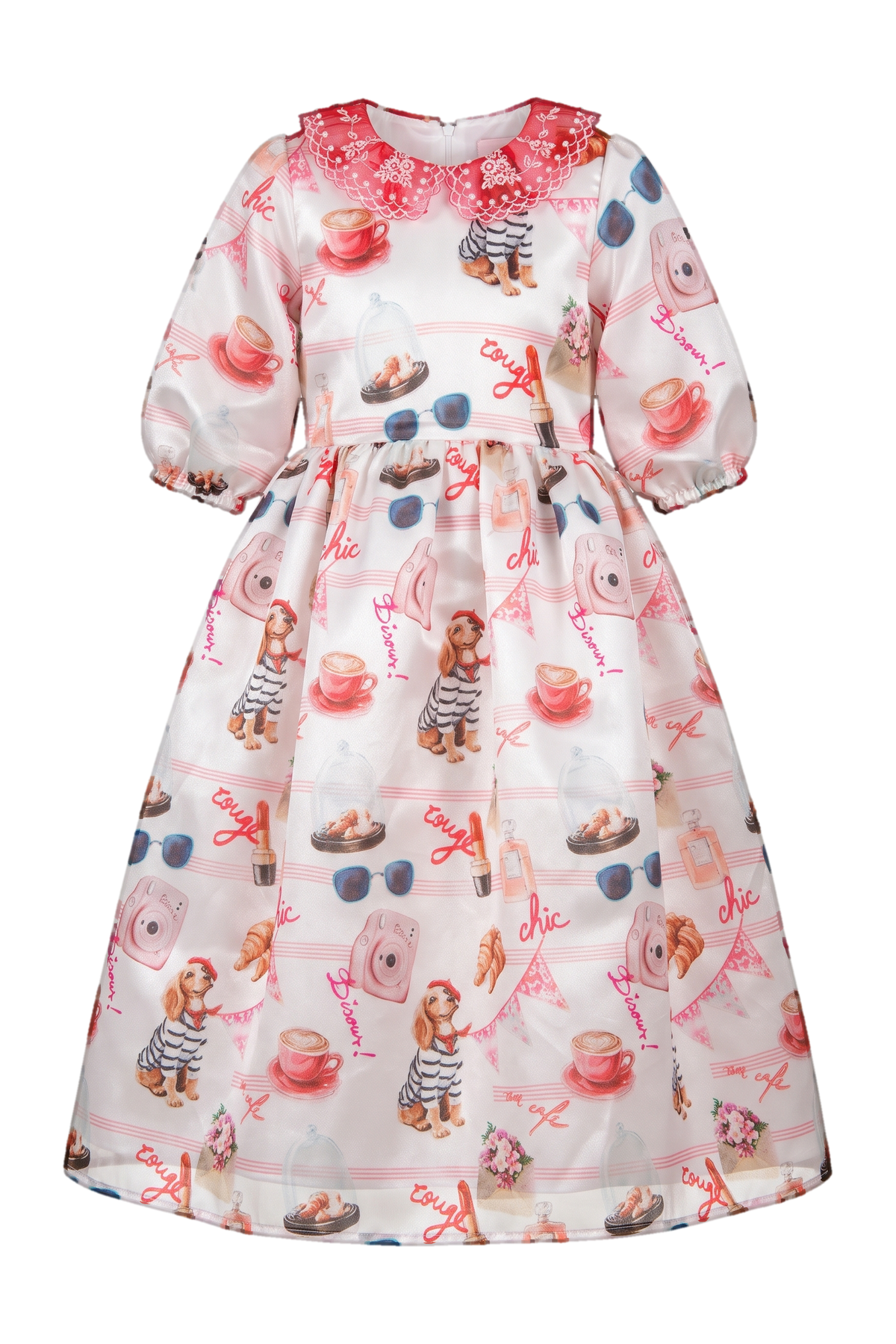 French symbols white long organza dress with red embroidered collar - product view