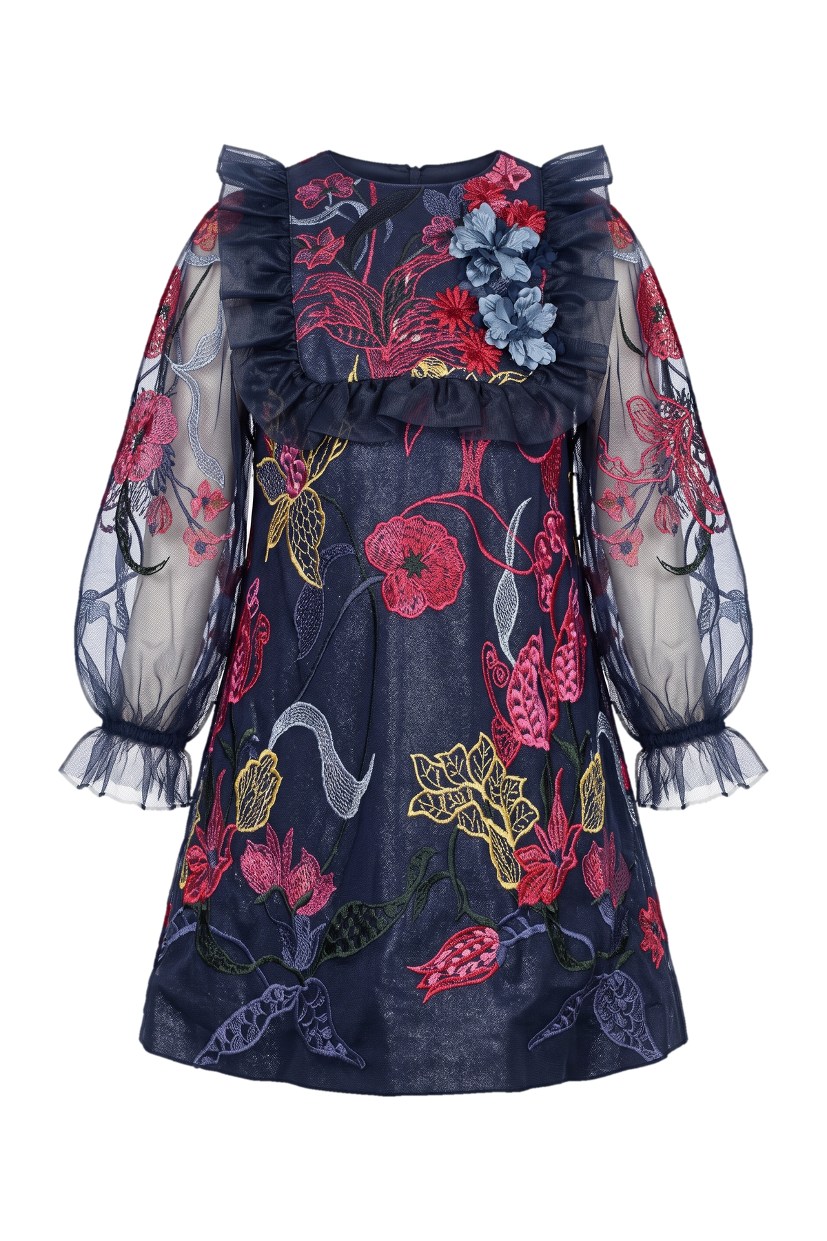Dark blue floral dress with puff sleeves - product view