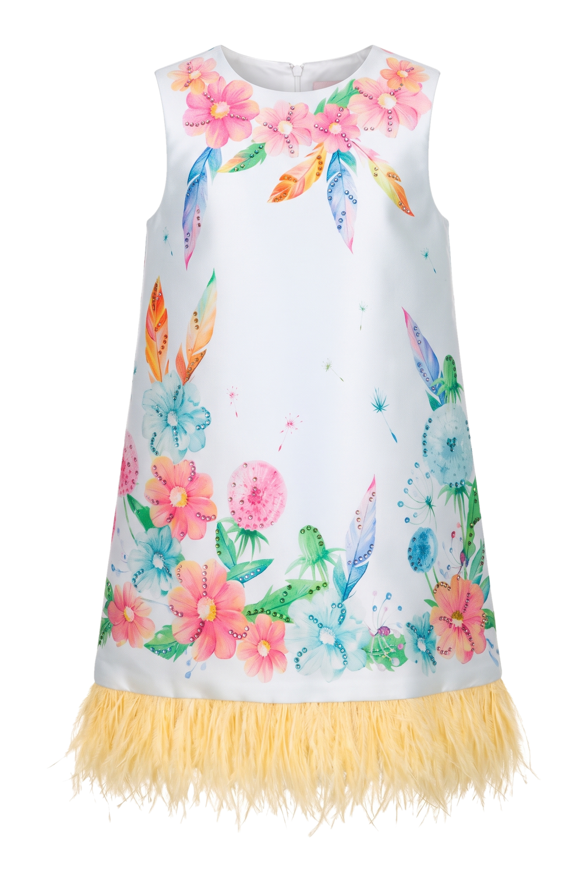 Dandelion dress with yellow feathers and Swarovski crystals - product view