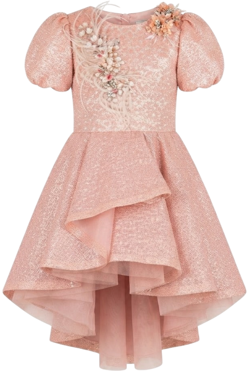 Pink shimmering dress with hand-made embellishments and asymmetrical sequin skirt - product view