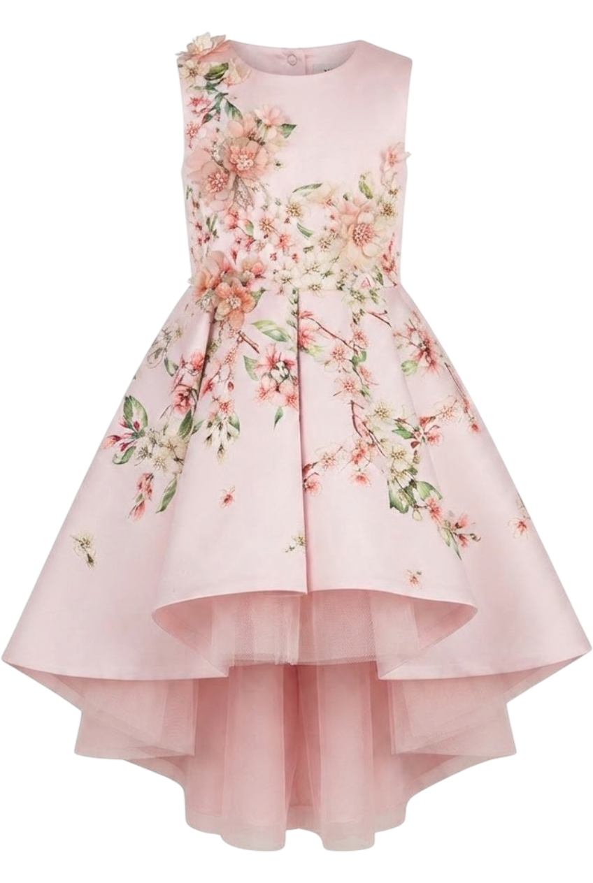 Pale pink floral asymmetrical dress with floral hand-made embellishments - product view