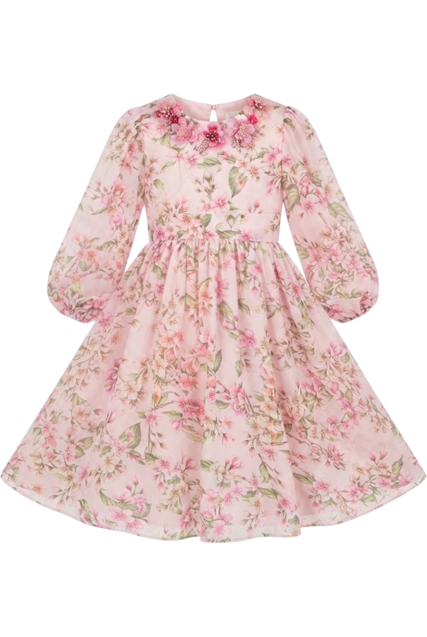 Pale pink floral chiffon dress with floral hand-made embellishments - product view