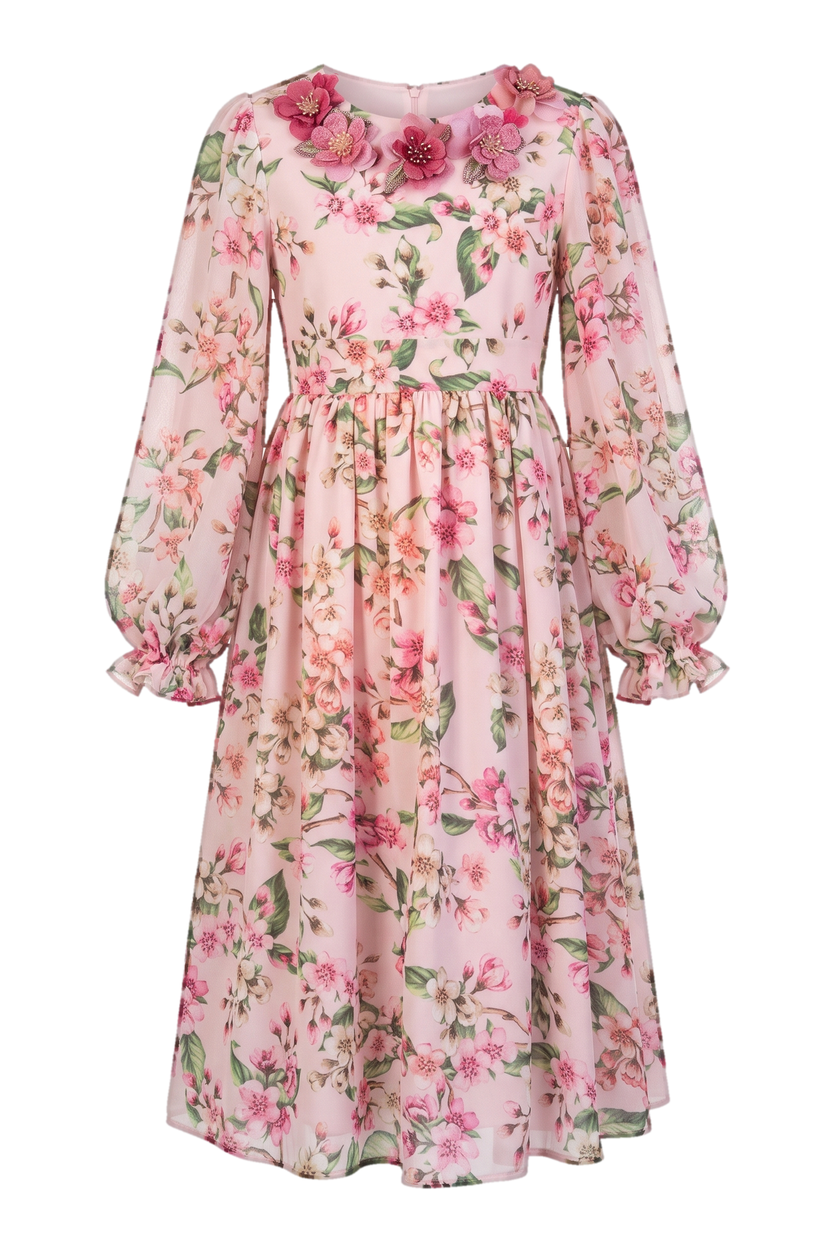 Pale pink floral chiffon dress with floral hand-made embellishments - product view