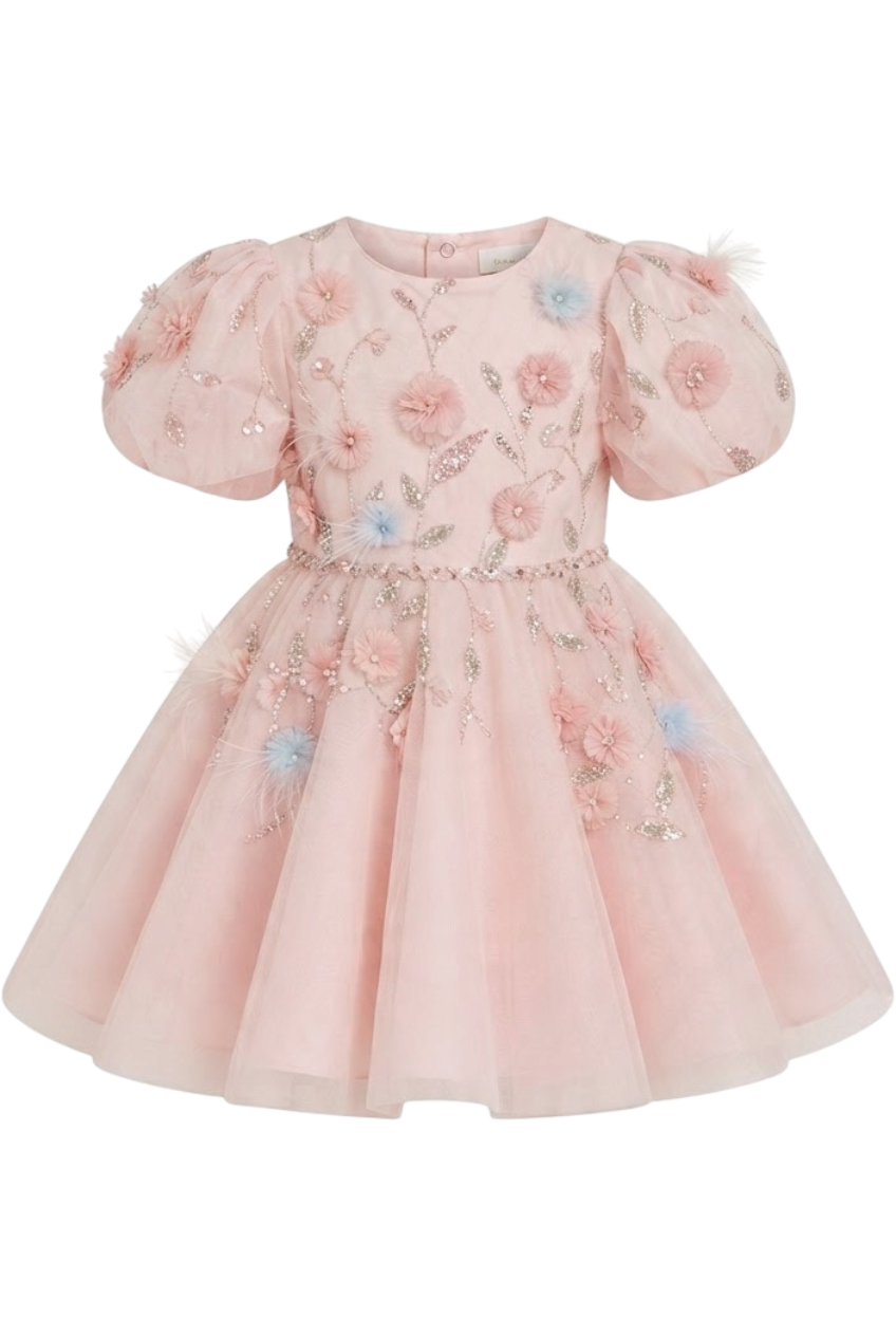 Pink tulle dress with puff sleeves and hand-embellished 3D flower, crystals and beads embroidery - product view