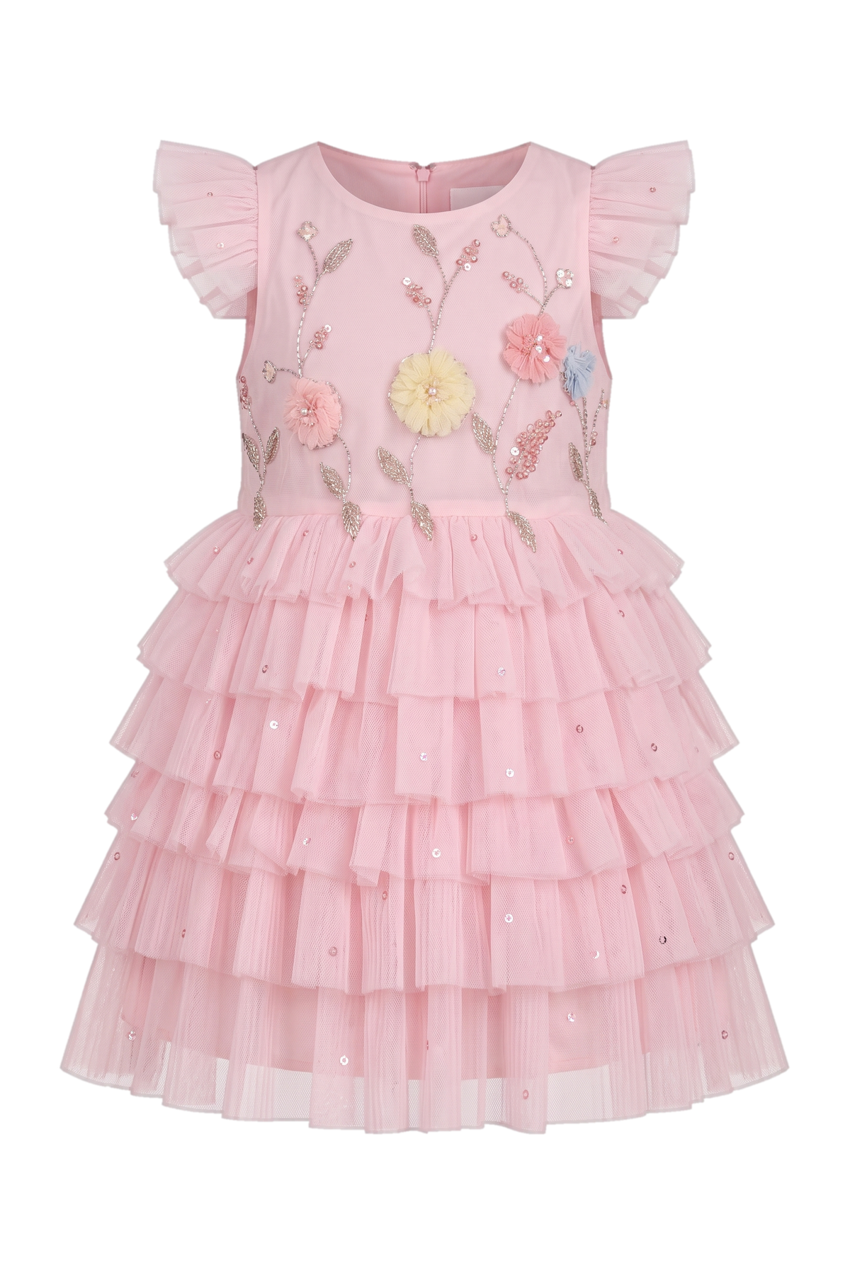 Baby pink tulle dress with puff sleeves and hand-embellished 3D flowers - product view