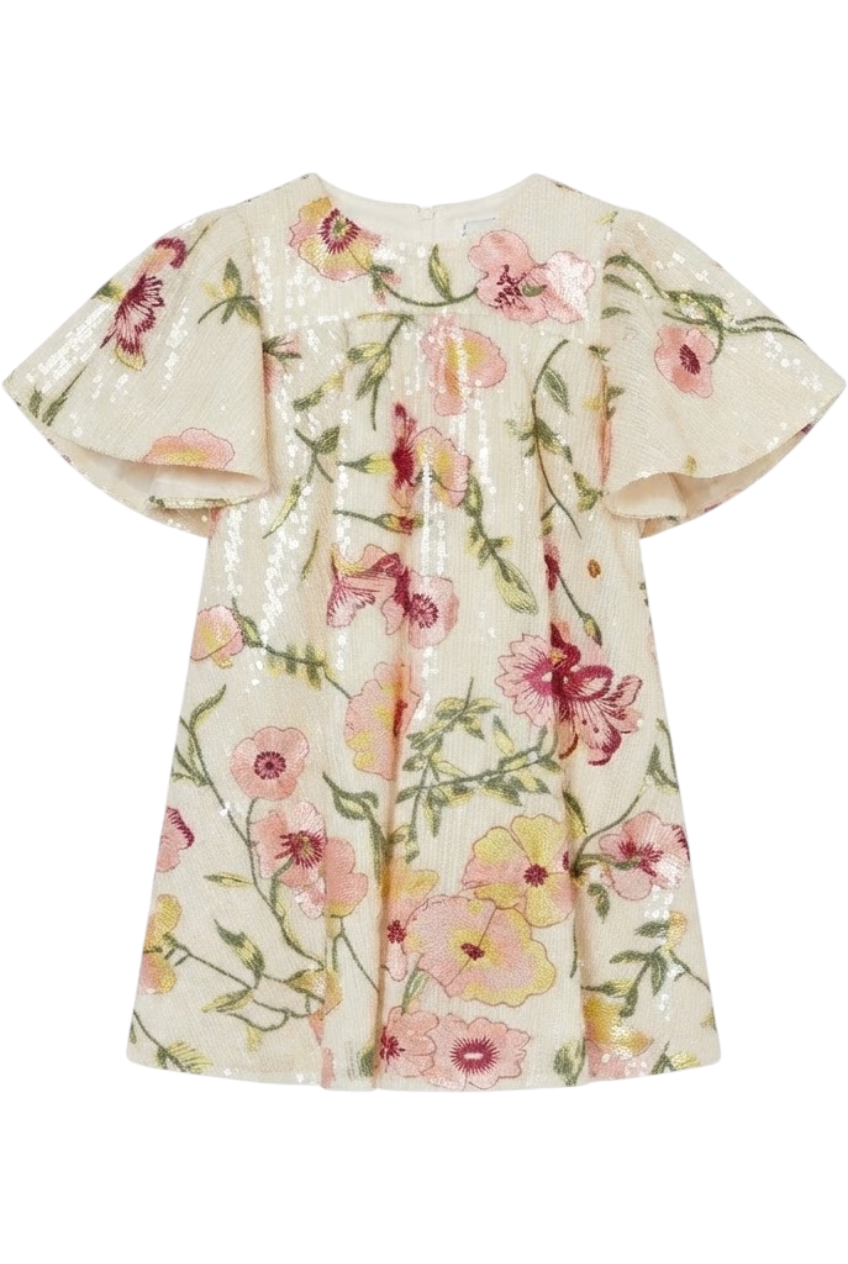 Ivory sequin dress with flutter sleeves, and gentle embroidered blossoms - product view