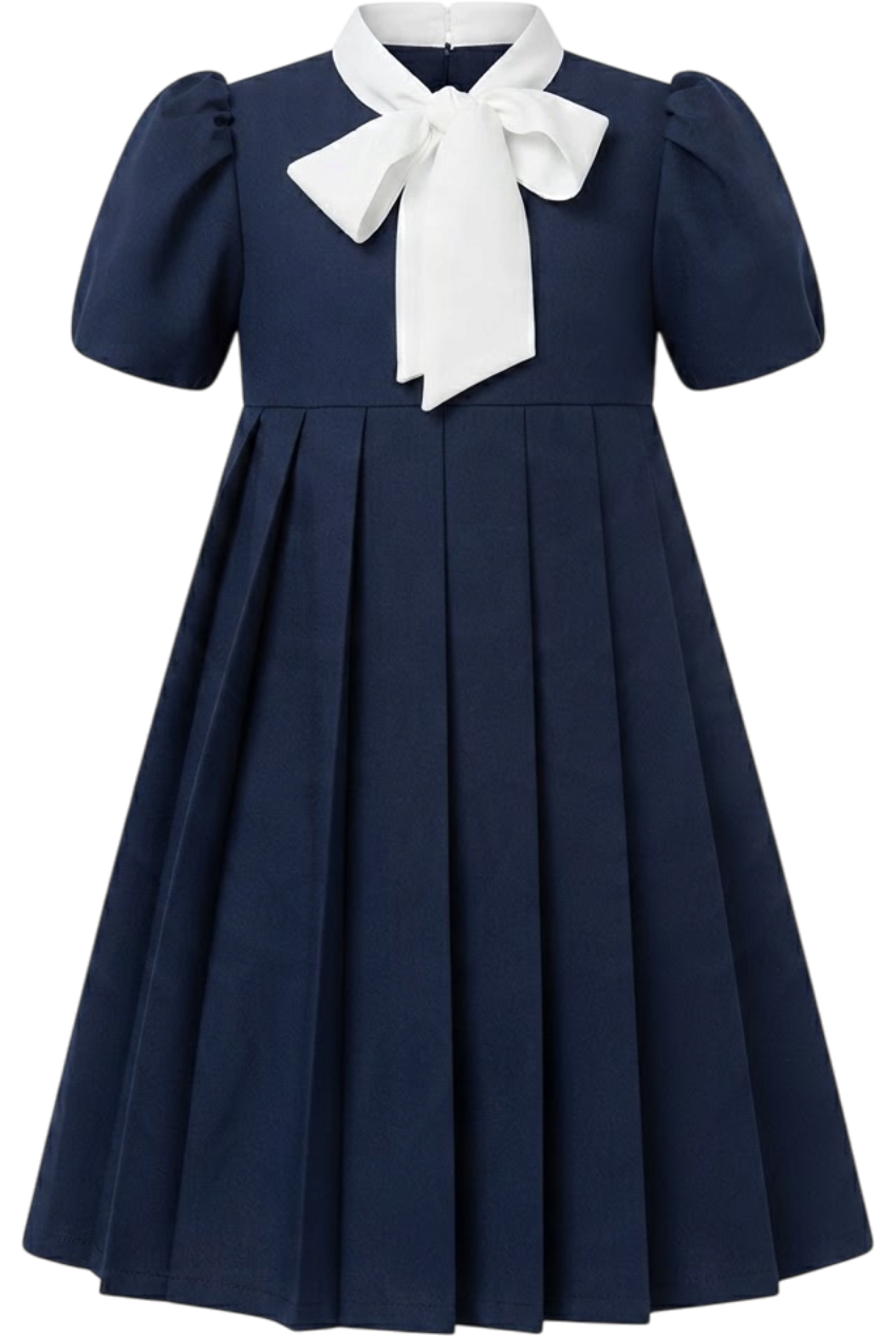 Navy pleated dress with contrasting white bow - product view