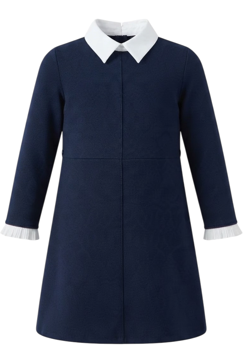 Navy blue knitted dress with white collar - product view
