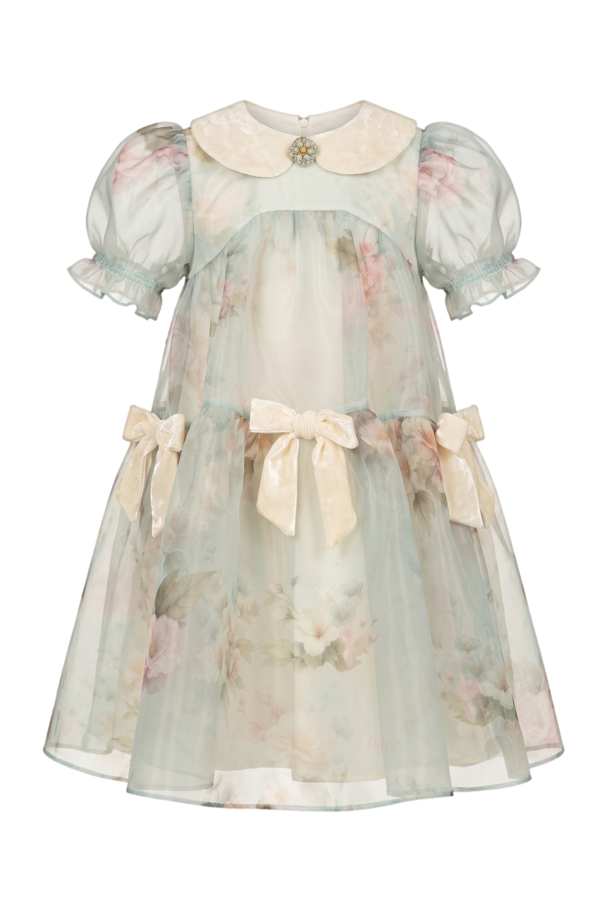 Pastel blue floral dress with velvet bows and a brooch - product view