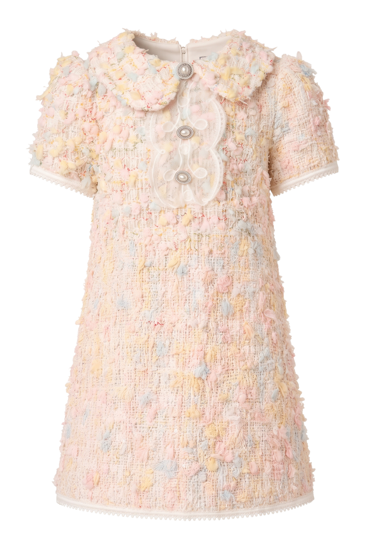 Pastel tweed dress with pearl buttons and a Peter Pan collar - product view