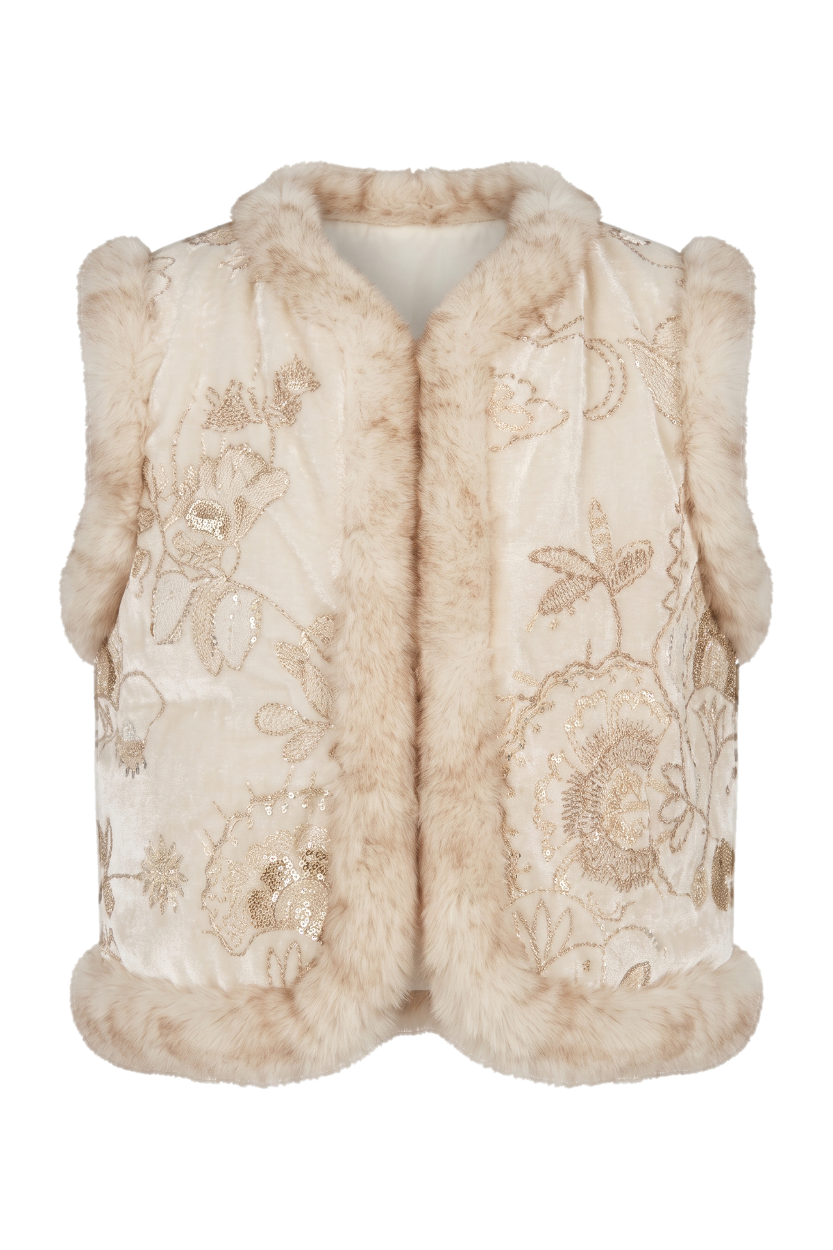 Ivory velvet padded vest with gold embroidery and faux fur - product view