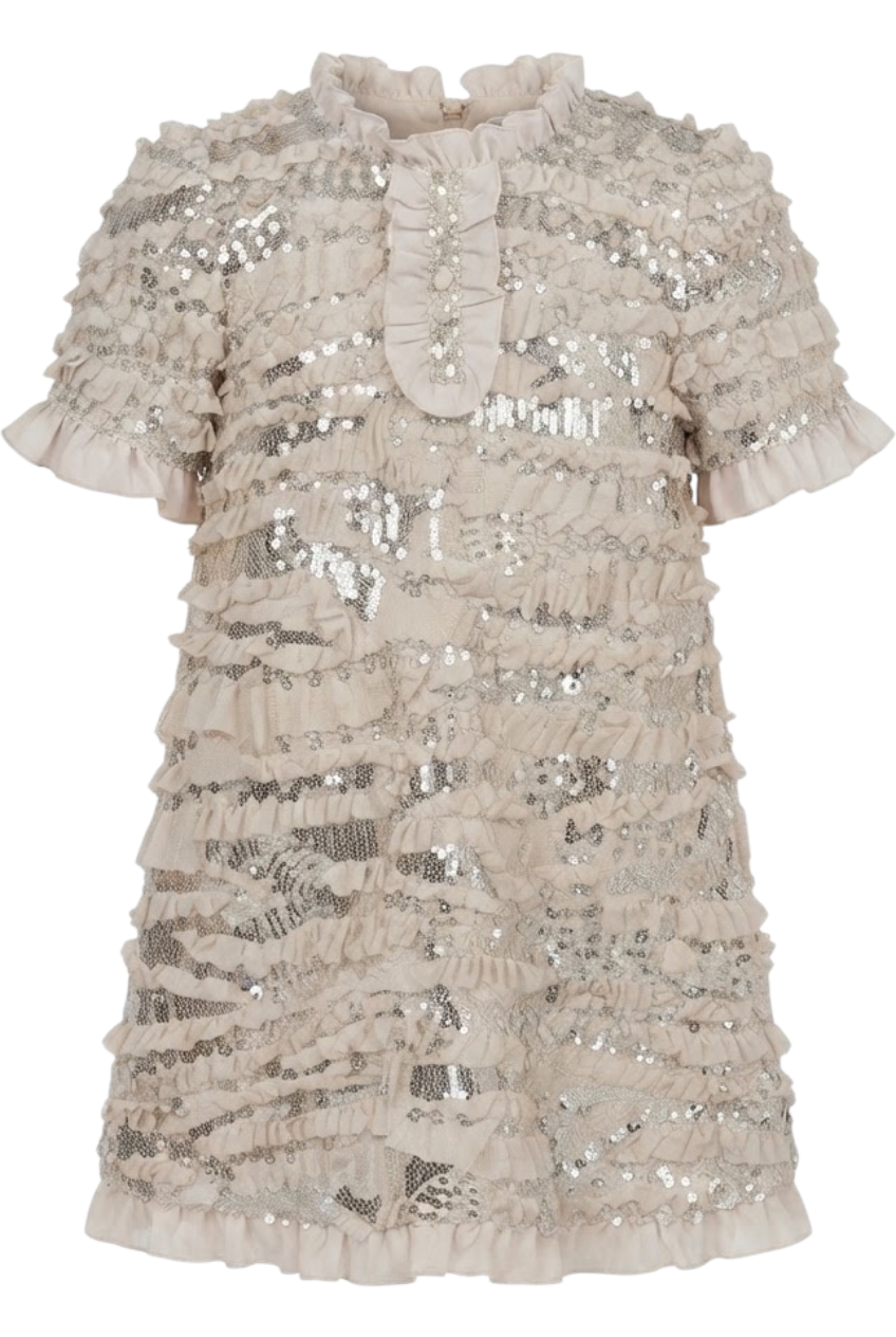 Beige A-line dress with silver sequins and ruffle trims - product view