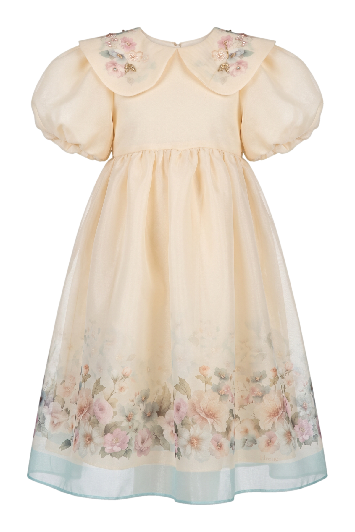 Cream floral organza midi dress with puff sleeves - product view