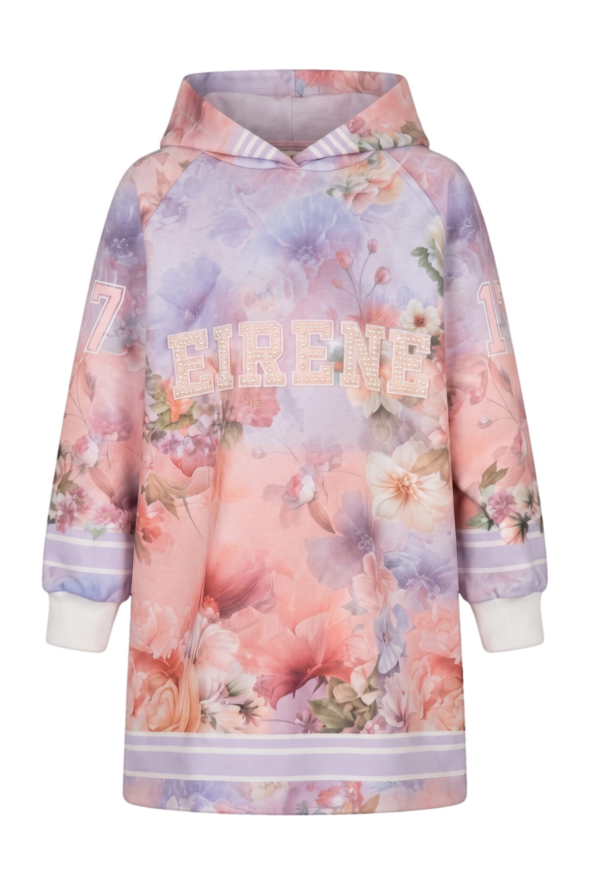 Pastel floral hoodie dress with pearl EIRENE branding - product view
