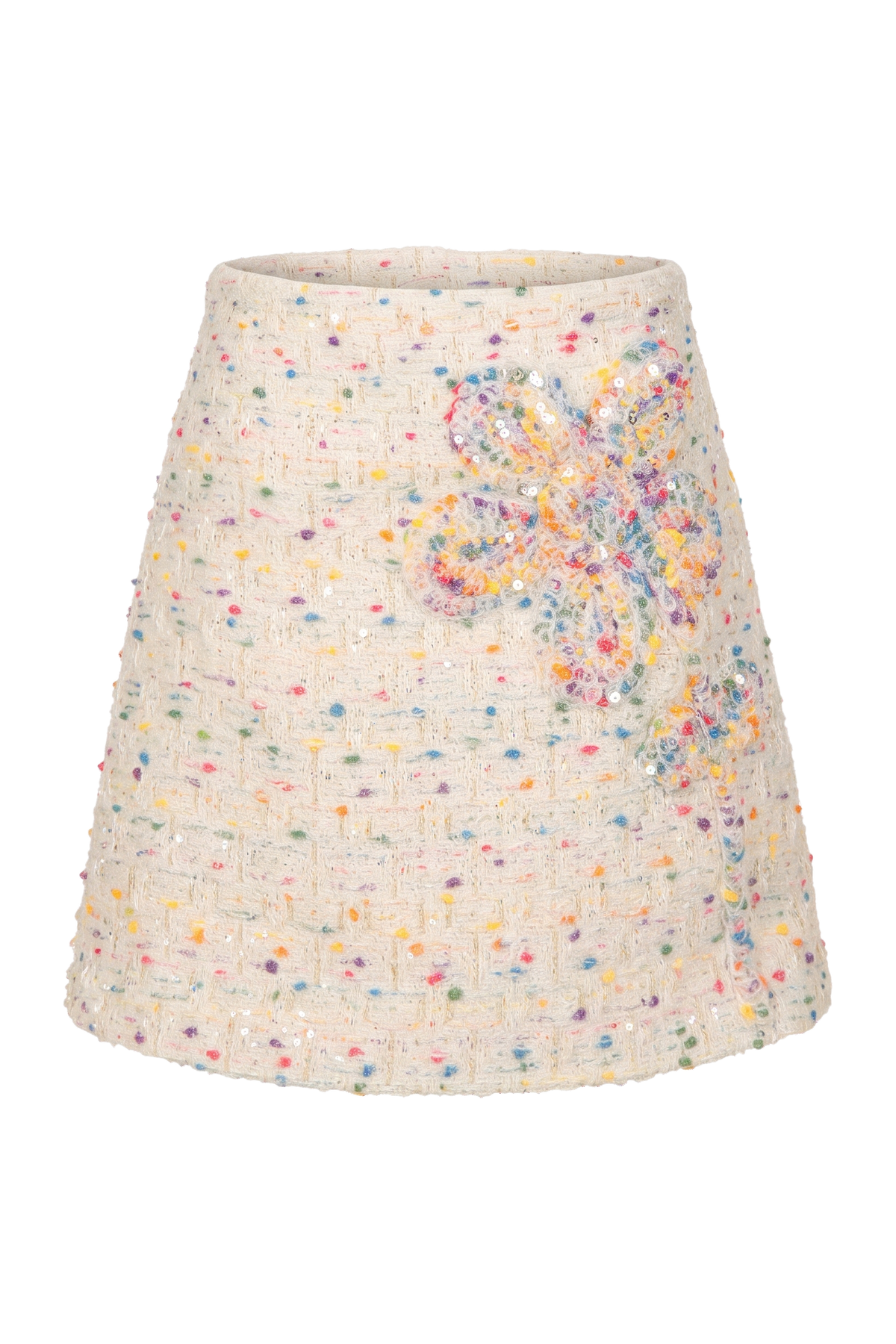 Cream tweed skirt with a sequinned floral appliqué - product view