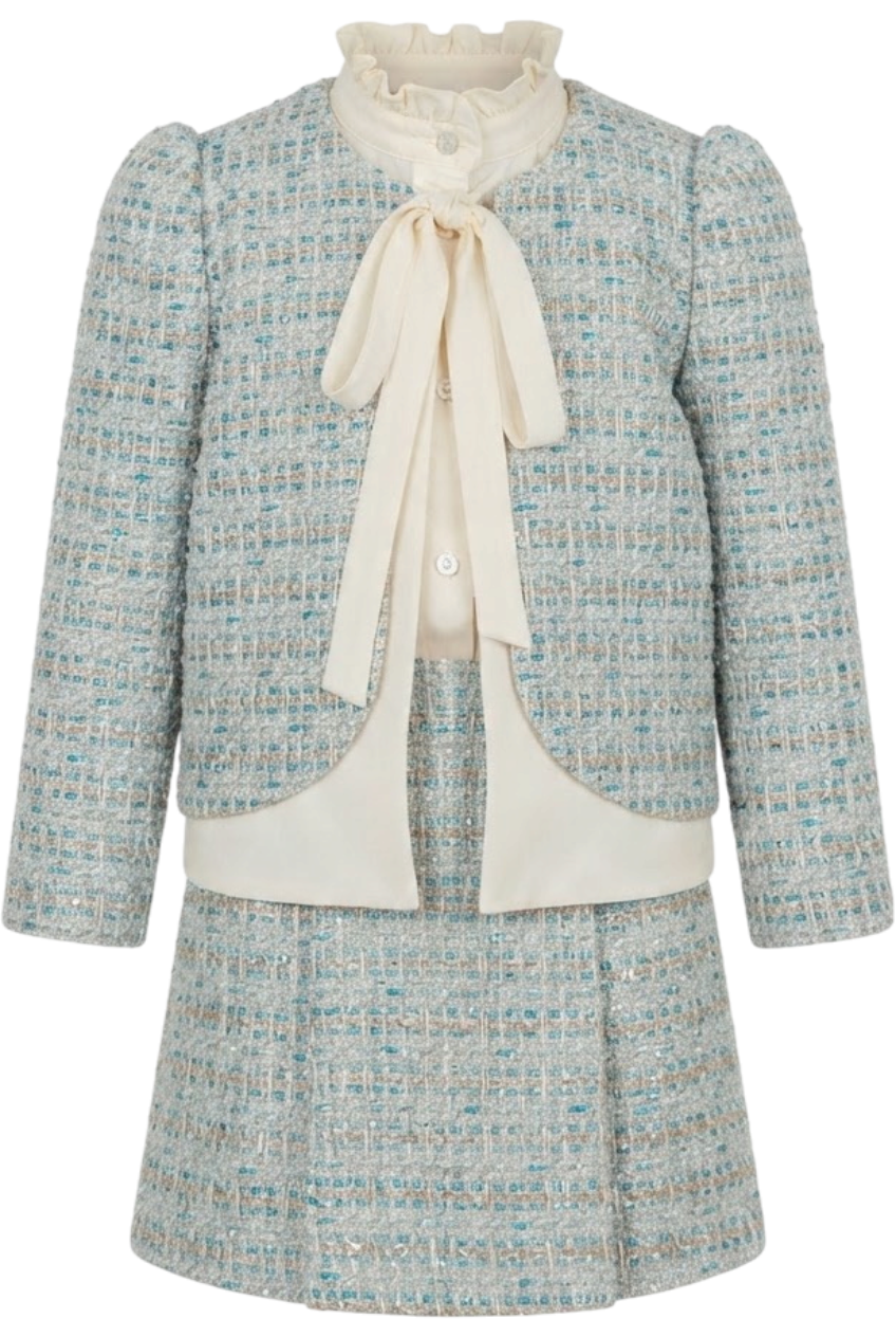 Blue and ivory tweed jacket and skirt set with a bow tie - product view