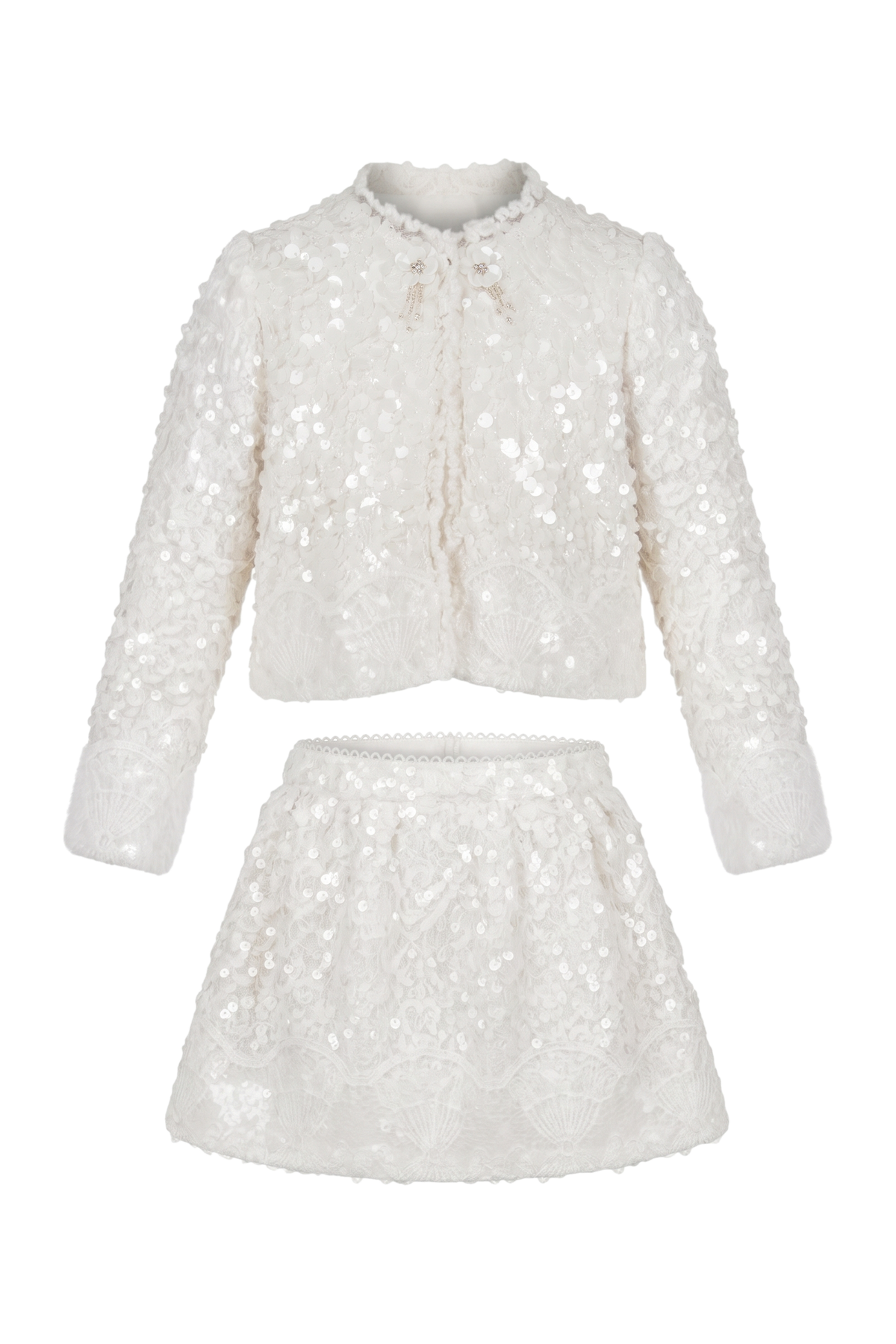 White sequin jacket and skirt set with lace detail - product view