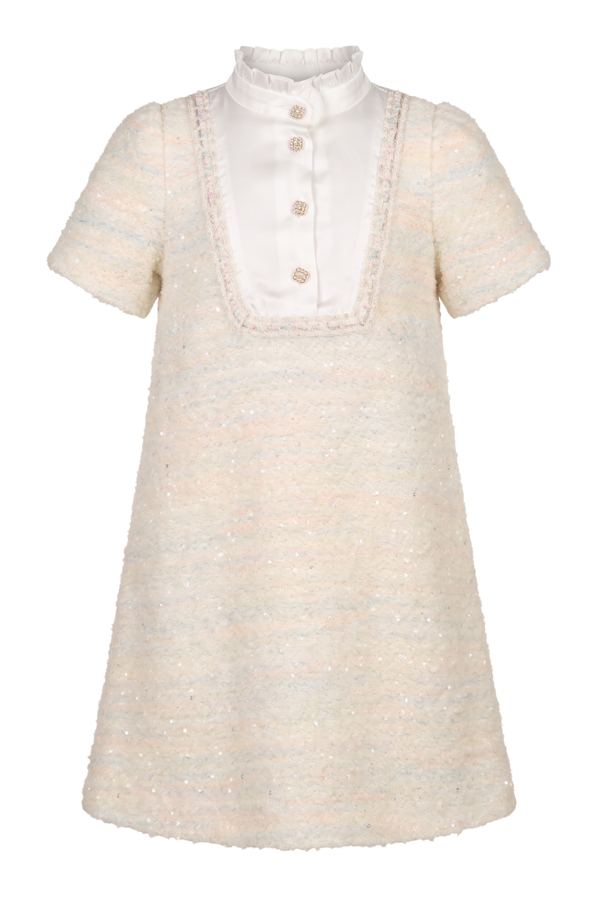 Ivory pastel tweed A-line dress with a satin bib front - product view