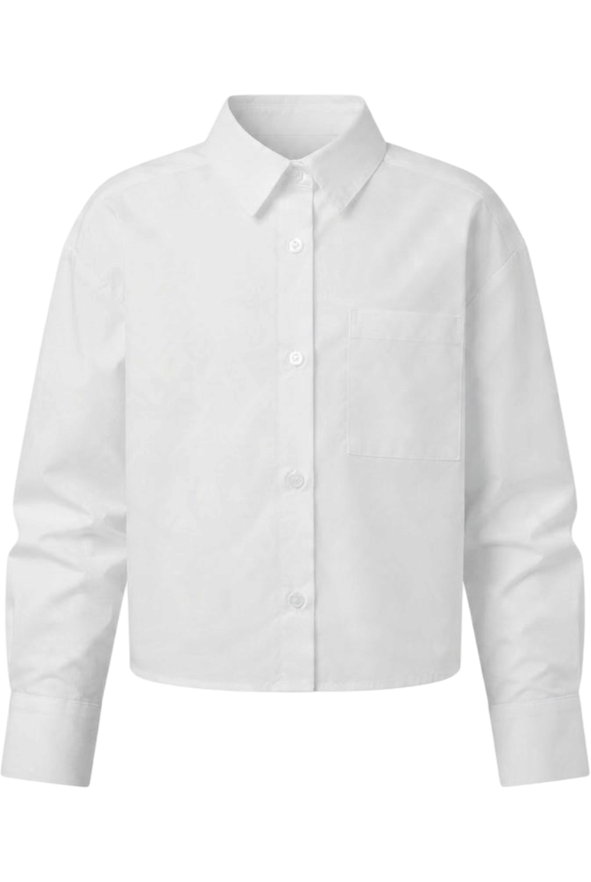 White oversized button-down shirt with a structured collar and wide cuffs - product view