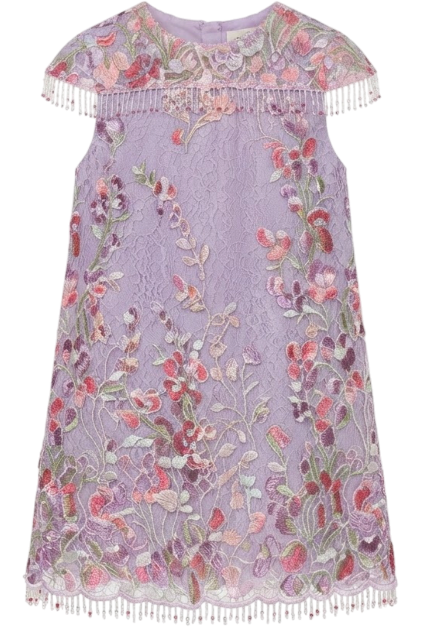 Lilac floral lace dress with multi-color glass fringes - product view