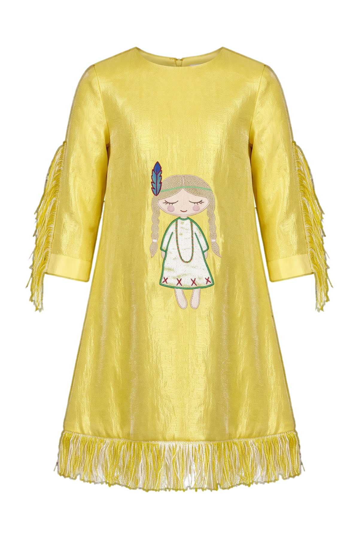 Yellow dress with an Indian girl and fringes - product view