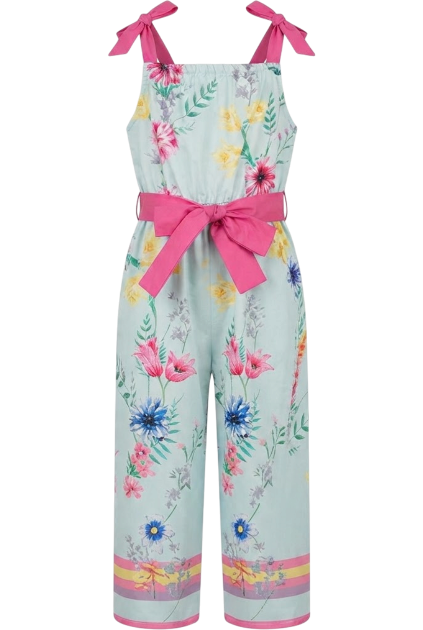 Light blue bright flowers satin cotton jumpsuit with fuchsia shoulder straps and belt - product view