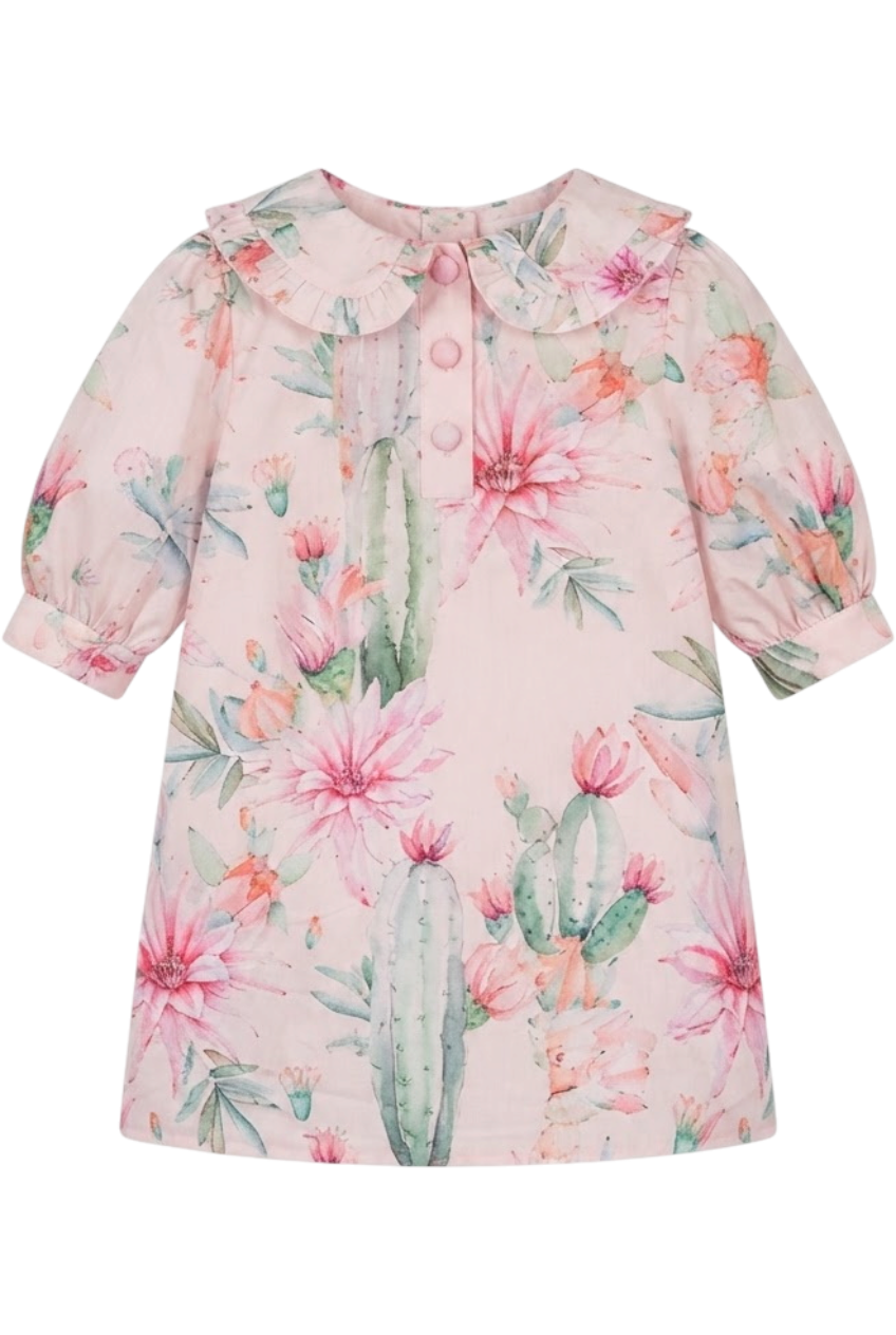 Light pink cactuses and flowers cotton dress - product view