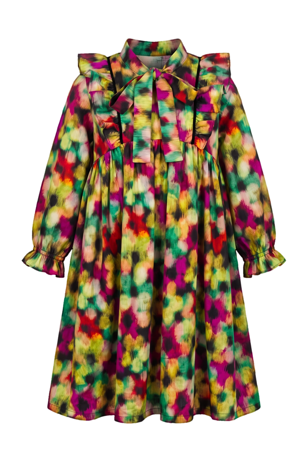 Blurred fuchsia, orange and green flowers cotton Liberty Tana Lawn dress with frills and back bow - product view