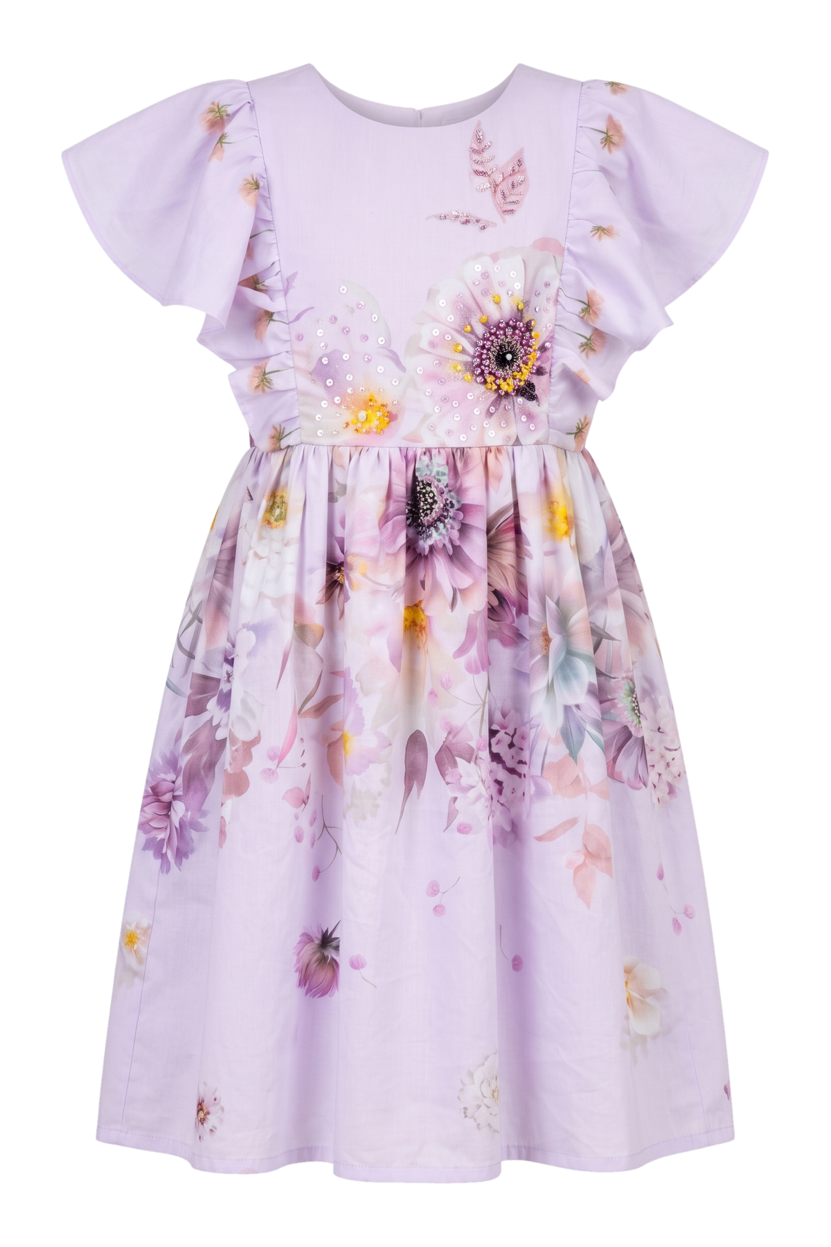 Lilac floral cotton dress with frilled sleeves and hand-embellished upper part - product view