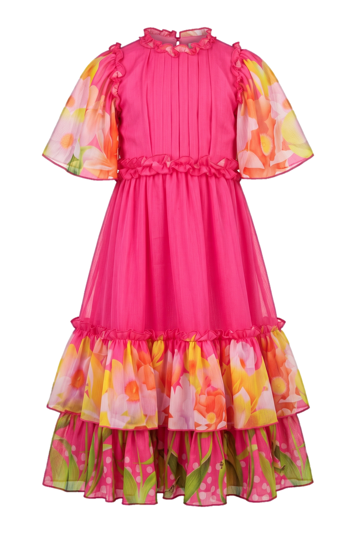 Shimmering chiffon fuchsia bright flowers printed dress with frills - product view