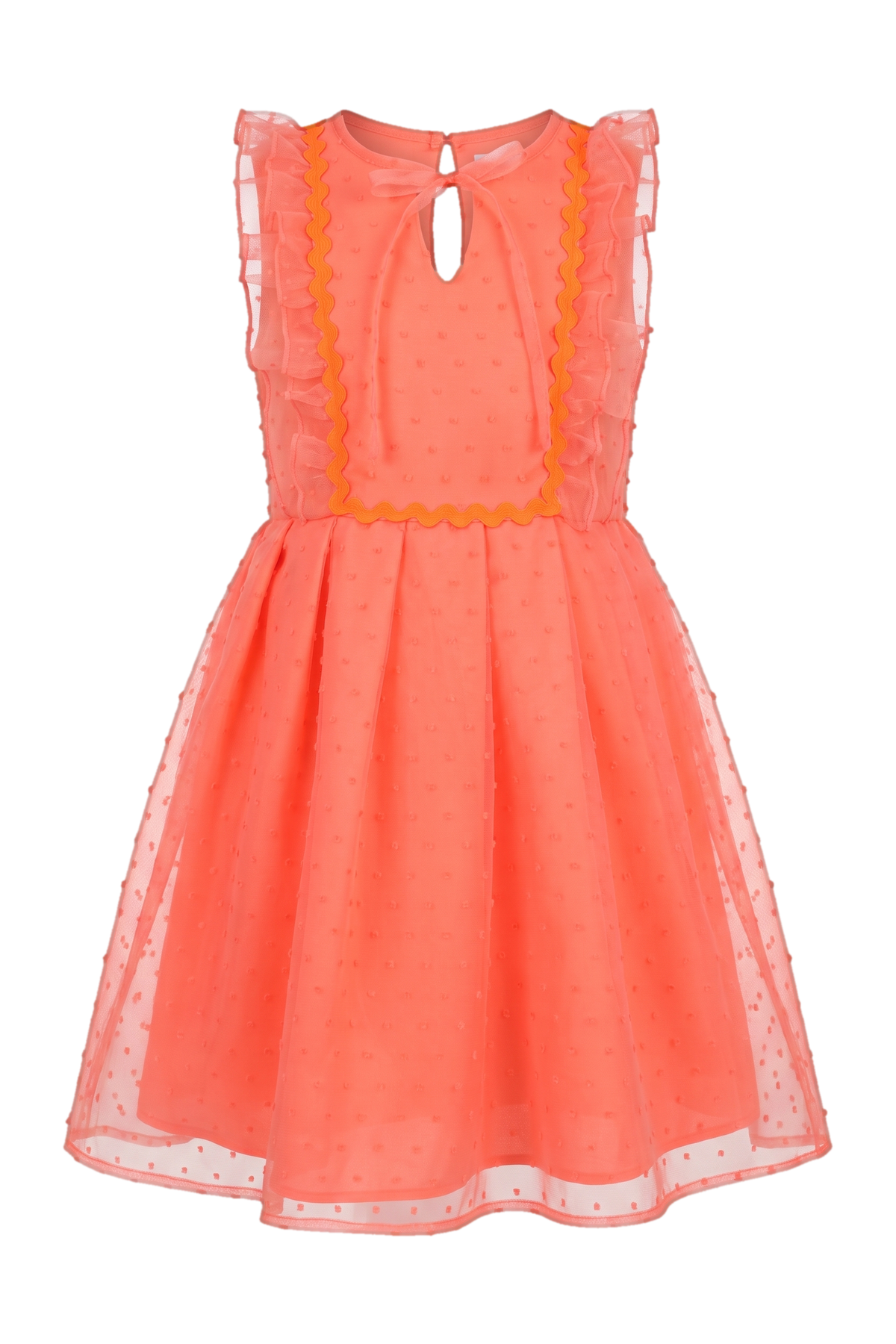 Coral neon dotted organza dress with bow - product view
