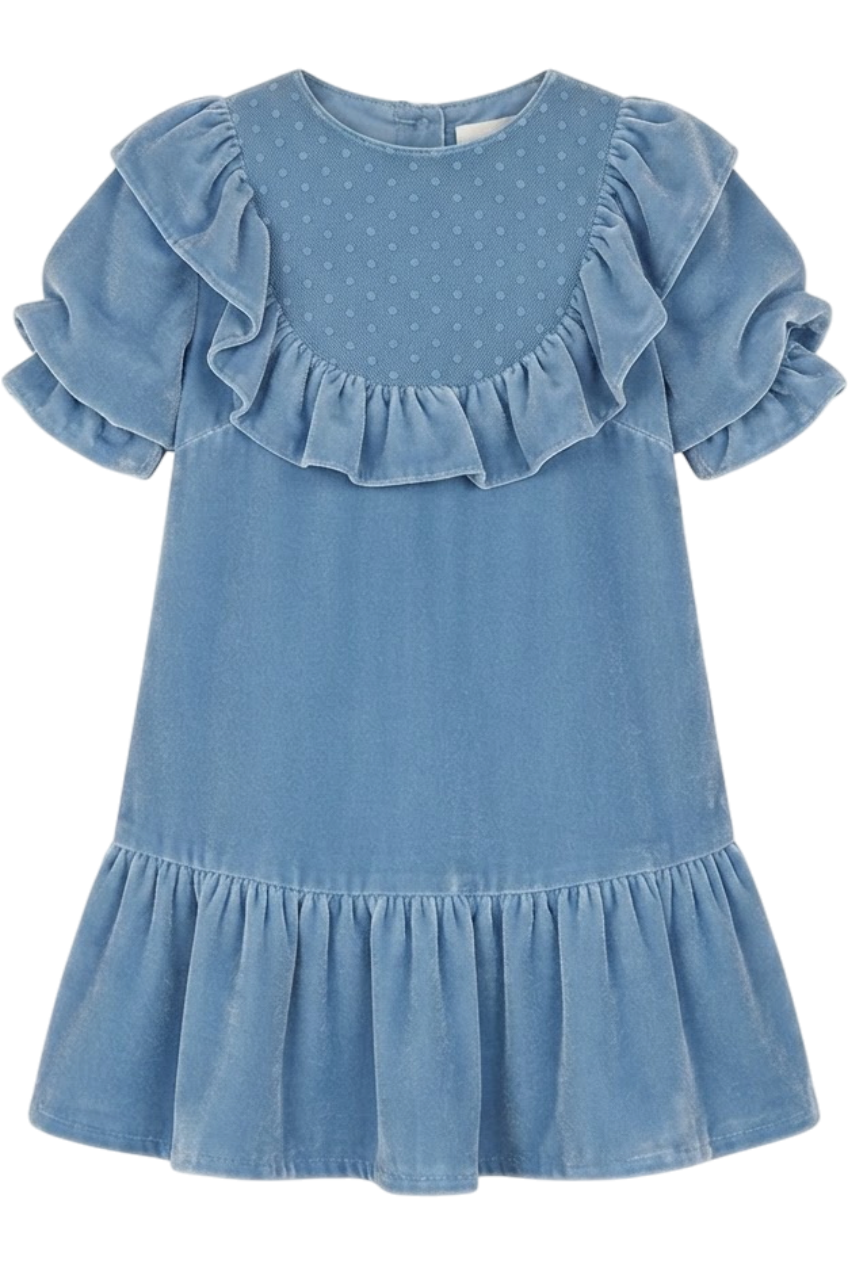 Blue silk blend velvet dress with frills and dotted tulle front - product view