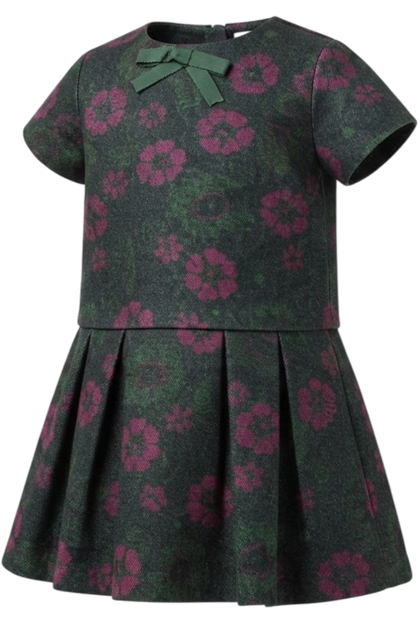Green and fuchsia flowers cotton denim dress with green grossgrain bow - product view