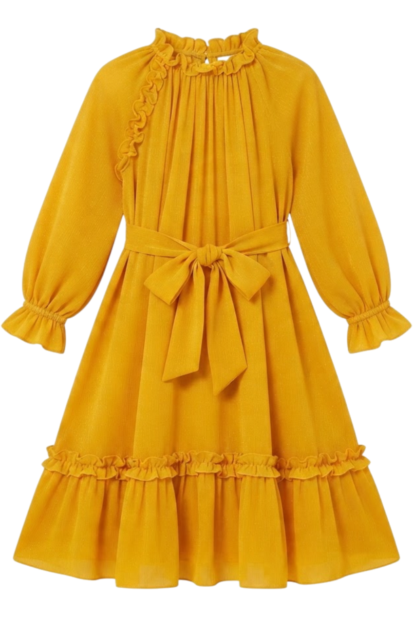 Mustard yellow shimmering long dress with frills and removable belt - product view