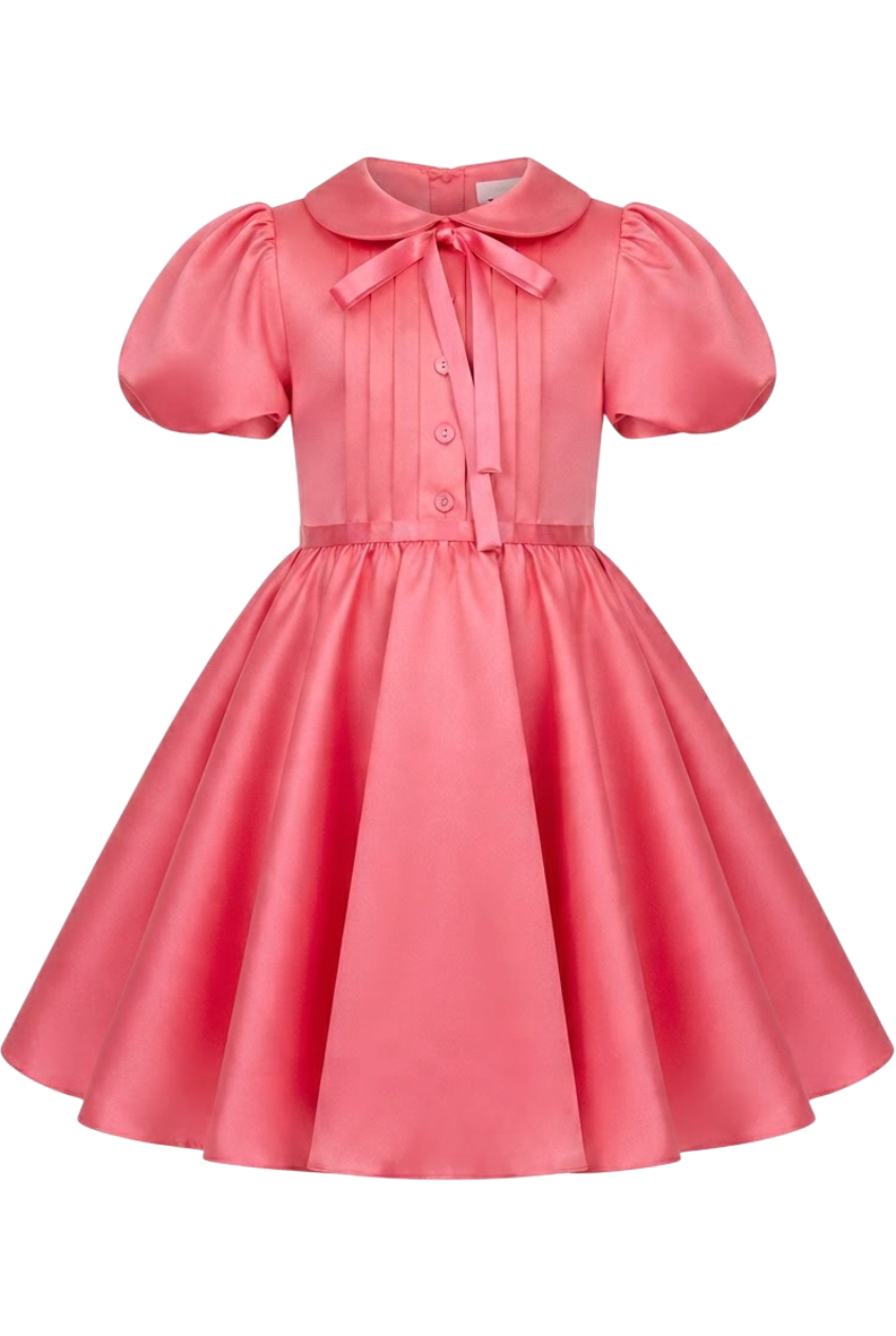 Coral satin dress with collar, front buttons and bow - product view
