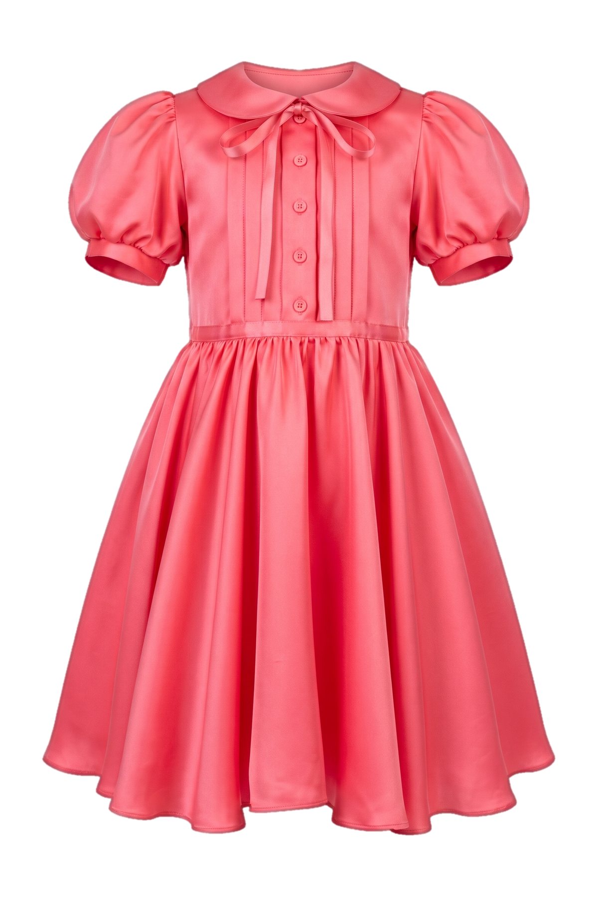 Coral satin dress with collar, front buttons and bow - product view