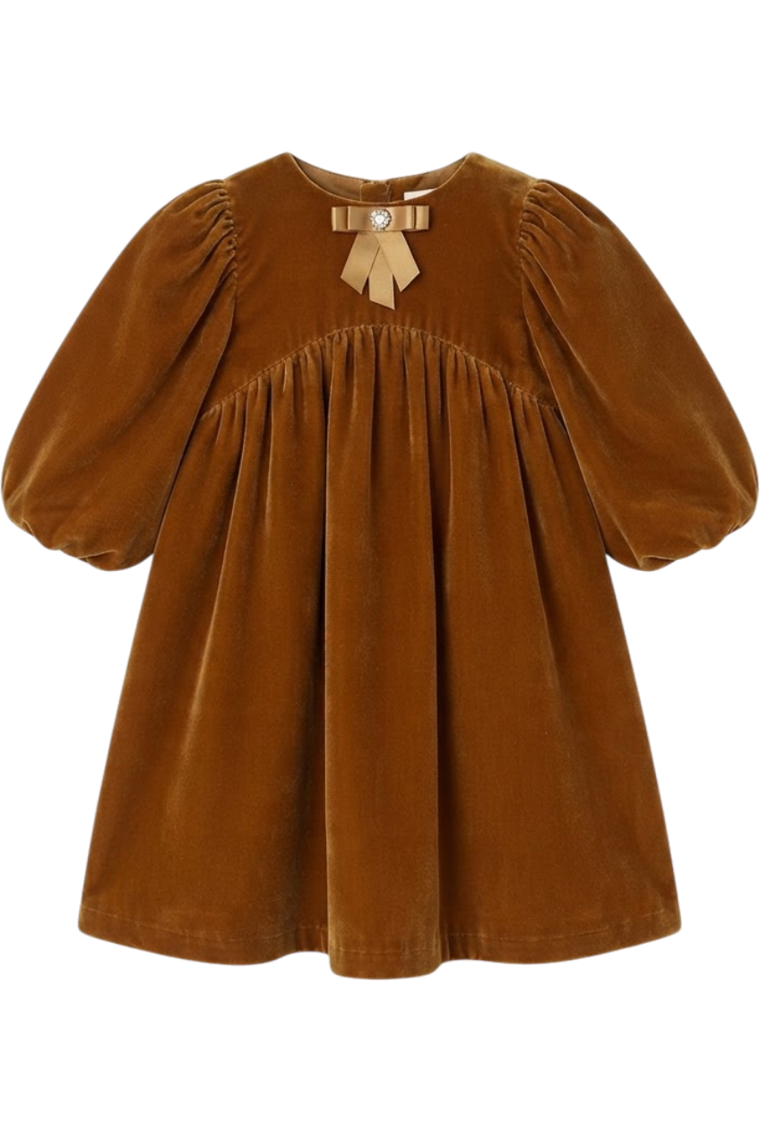 Mustard velvet dress with satin bow and crystal button - product view