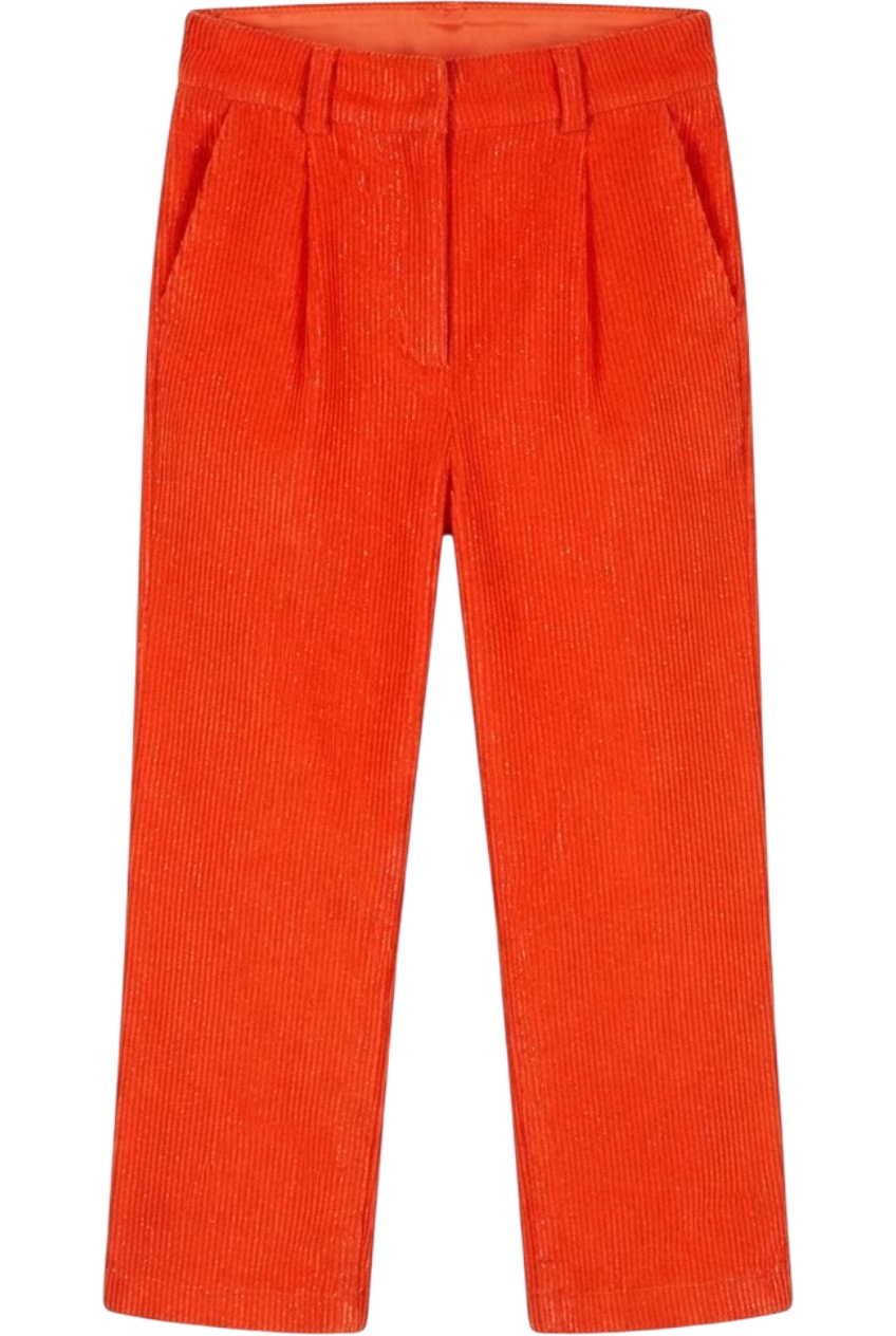 Bright orange cotton corduroy trousers with shimmering stripes - product view