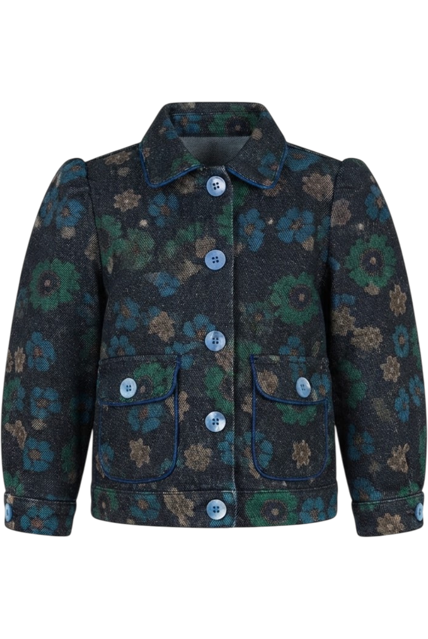 Blue, green and beige flowers cotton denim jacket with puffed sleeves and branded mother of pearl blue buttons - product view