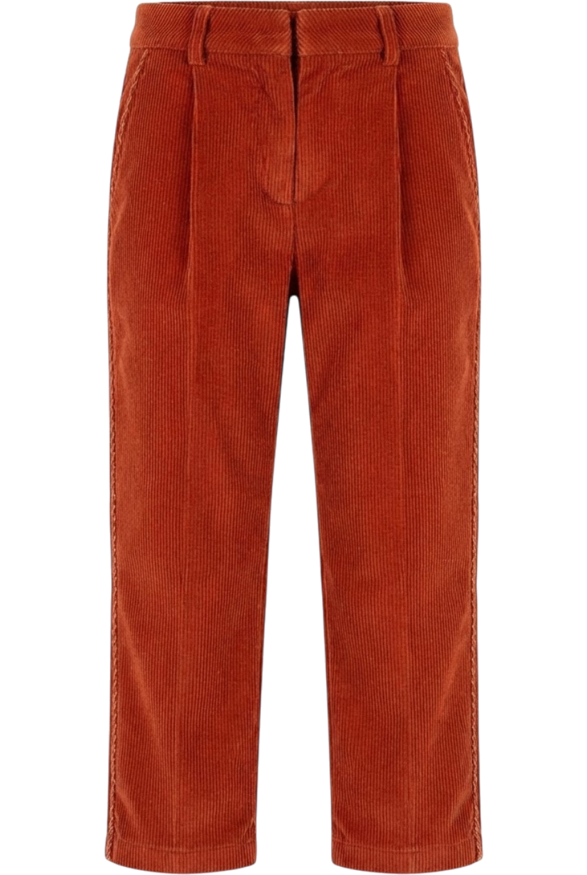 Rusty orange corduroy cotton trousers matching trimming - product view