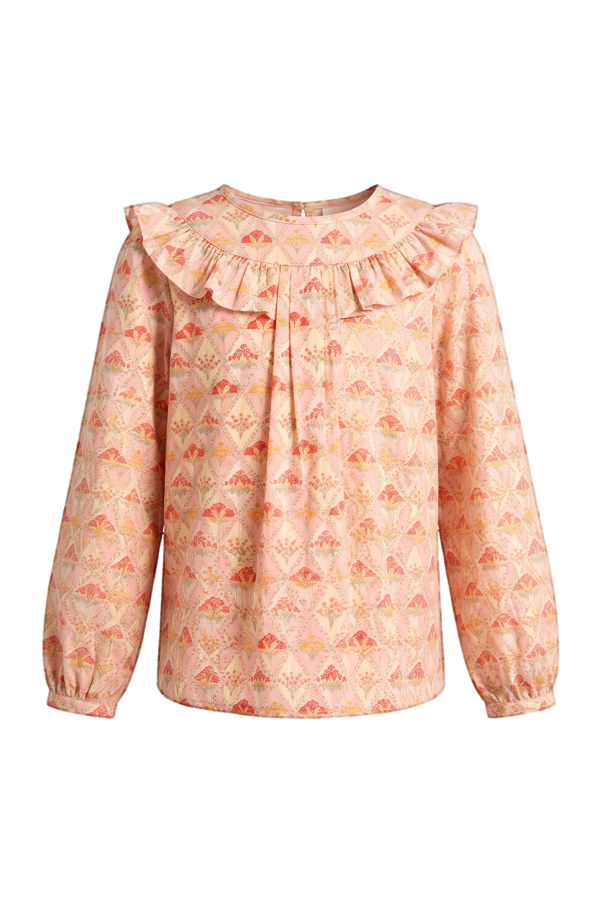 Abstract flowers Liberty print cotton top with frills - product view