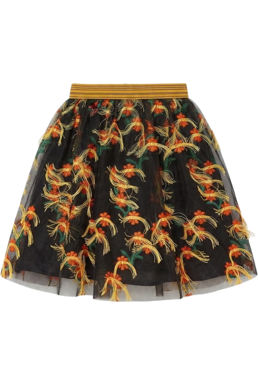 Black organza skirt with flowers and fringes - product view