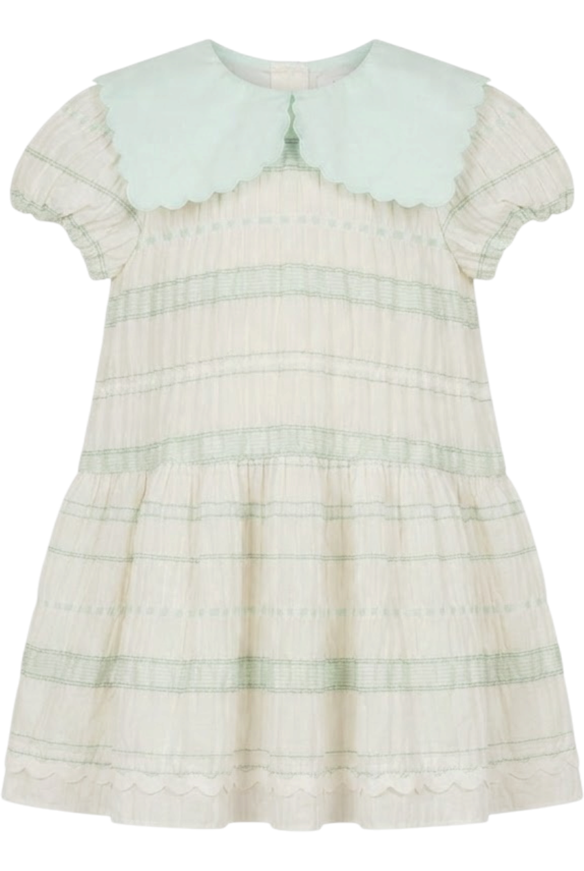 Ivory and mint striped loose fit dress with mint cotton collar - product view