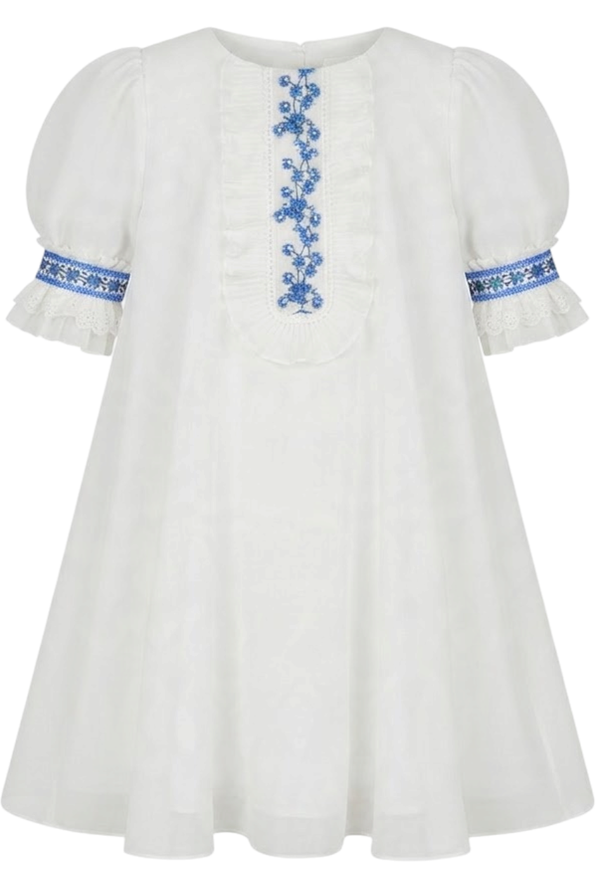 White chiffon flare dress with blue floral embroidered lace details with pleated chiffon - product view